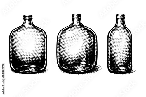 Glass carboy container presented as a large rounded fermentation carboy with narrow neck shown in front view, angled perspective view, and side profile view