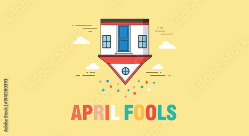 Colorful illustration of a house falling from the sky on april fools' day with confetti and clouds