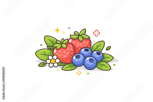 Wild berries in forest clearing ripe strawberries and blueberries resting among simple leaves and small wildflowers, capturing the feeling of fresh handpicked