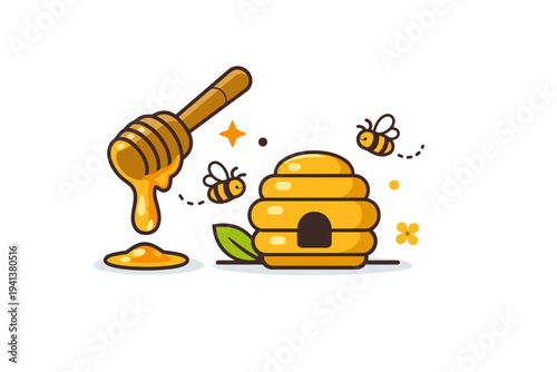 Farm honey concept a simple honey dipper dripping golden honey beside a small beehive and tiny flying bees, expressing purity, sweetness, and natural