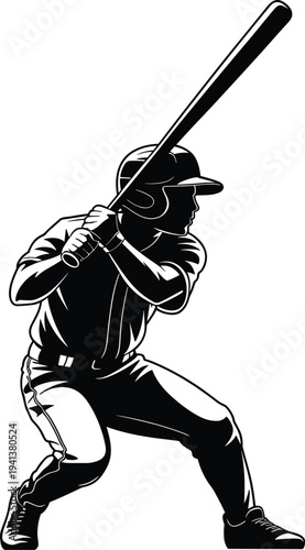 Black and white vector illustration of a professional baseball player in a batting stance holding a bat isolated on a white background
