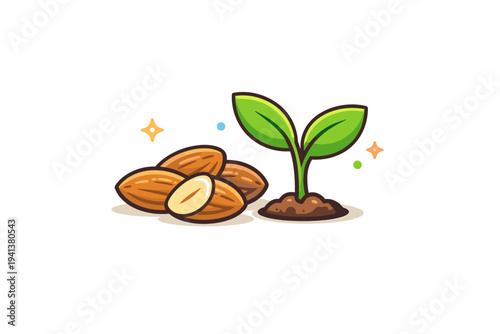 Almonds and green sprout a small cluster of almonds beside a fresh sprouting plant, communicating plant-based nutrition and natural energy sources. Minimalist