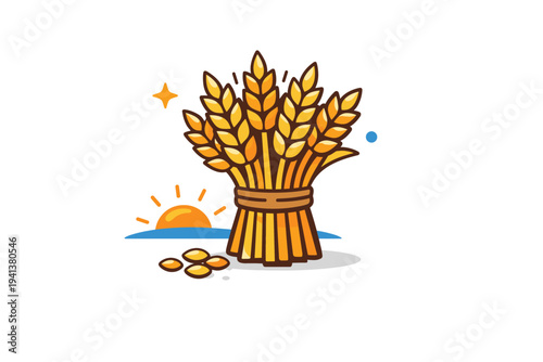 Wheat bundle harvest a tied bundle of golden wheat with a few scattered grains and a small rising sun, symbolizing natural crops and wholesome ingredients.