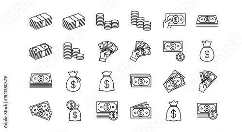 Collection of various icons representing financial and monetary concepts and tools
