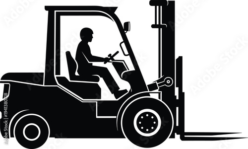 Black forklift silhouette vector icon with driver operator working in warehouse logistics transportation and industrial distribution isolated on white background for web design