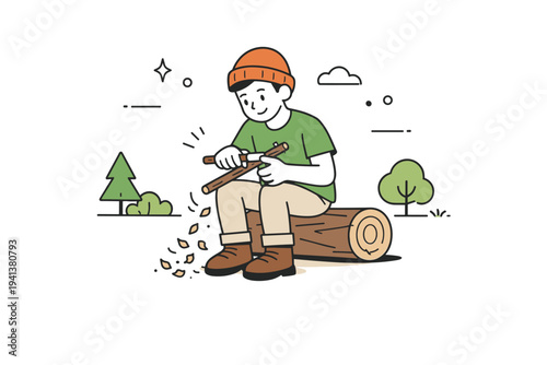 Outdoor bushcraft hobby. A simple character sitting on a log, carefully shaping a stick while enjoying a peaceful moment in nature. Small abstract trees and