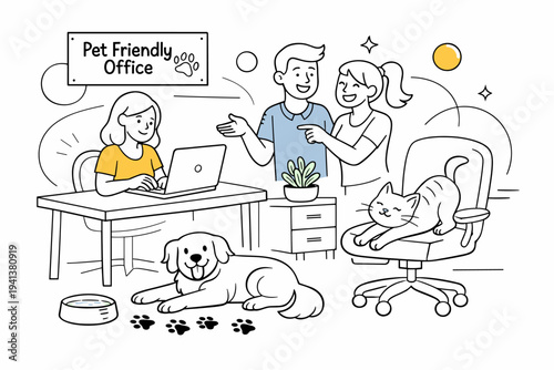 Pet-friendly workplaces. A cheerful office scene with a dog lying near a desk while an employee works on a laptop, paw prints and a small water bowl nearby.