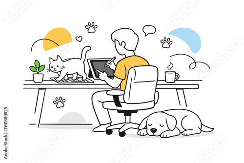 Remote work with pets at home. A person sitting at a clean desk with a tablet, cat walking across the keyboard and a dog resting by the chair. Cozy and