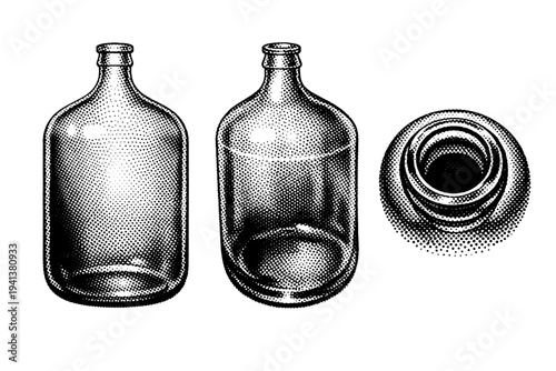 Beer fermentation carboy with narrow neck and rounded body presented in upright front view, angled three-quarter view, and top-down neck detail view,