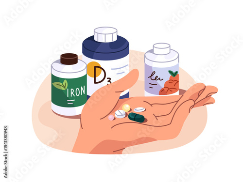 Person is taking vitamins. Hand with pills of food additives for energy. Nutritional or dietary supplements for balanced and healthy eating. Flat isolated vector illustration on white background