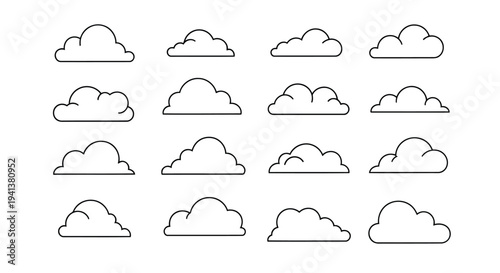 Collection of twelve stylized cumulus clouds arranged in a grid pattern for design reference