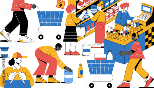Colorful vector illustration of shoppers buying groceries and paying at checkout in a modern supermarket