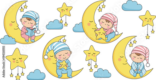 Cute baby sleeping on moon vector set with stars, clouds and night nursery cartoon illustration collection