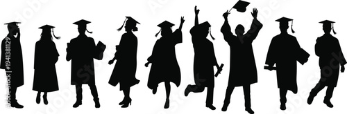 Group of diverse graduates silhouette standing in row celebrating graduation ceremony achievement with caps and gowns isolated on white background