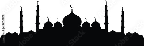 Black silhouette of an Islamic mosque with numerous domes and towers