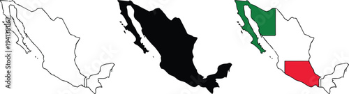Minimalist Mexico map icon set with outline, black silhouette, and tri-color green, white, red design showing country vector