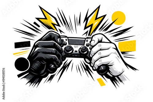 Comic gaming victory moment, close-up of black and white hands gripping a controller, victory implied through yellow lightning bolt shapes and dynamic motion
