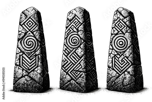 Stone Monolith ? freestanding sculpted monolith. A freestanding sculpted stone monolith with geometric carvings presented as one isolated object displayed in