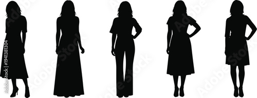 Black silhouette collection of five women standing in elegant dresses and fashion poses isolated on white background for architecture visualization and lifestyle design.