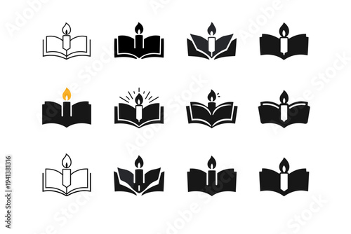 reading by candlelight. Icon set. Set Logo of reading by candlelight: open book with candle. harmonious logo variations of the same emblematic concept, each