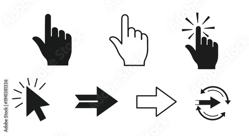 Common hand gestures and directional icons for user interface interaction symbols