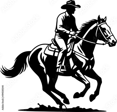 Cowboy riding galloping horse silhouette western style