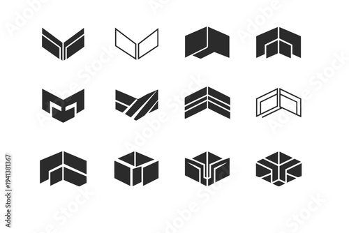 metal cladding. Icon set. Set Logo of metal cladding: metal wall corner detail. harmonious logo variations of the same emblematic concept, each with different