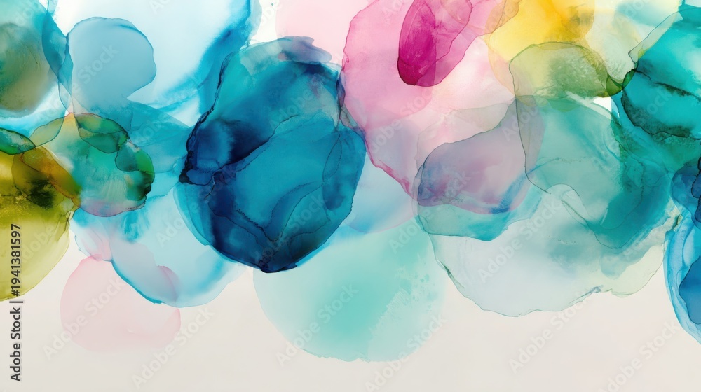 Fototapeta premium Vibrant abstract watercolor splashes in overlapping translucent hues, creating a fluid and organic artistic design