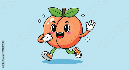 Cute Peach Character Running with Joyful Expression.