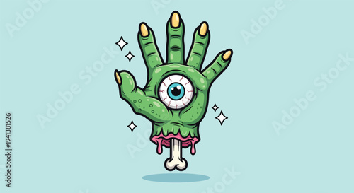 Green Zombie Hand with Eyeball and Bone Illustration.