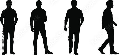 Black silhouette collection of four men standing and walking in different poses isolated on white background for architecture visualization, urban lifestyle, and fashion concepts.