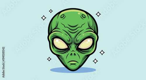 Green Alien Head Illustration with Sparkles.
