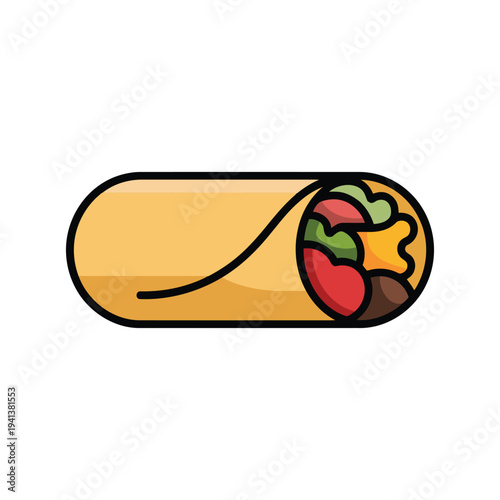 Mexican burrito wrap with colorful vegetables and meat filling vector illustration