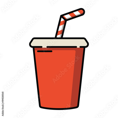 Red paper cup for soda with striped straw and plastic lid flat vector illustration