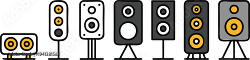 Minimalist speaker icon set with seven different models showing audio speakers, columns, and geometric driver designs in clean vector style