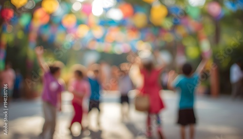 Blurred children playing and dancing outdoors under colorful bunting balloons bokeh joyful Eid celebration festival background