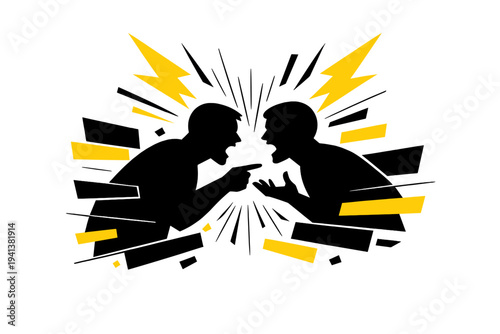 Comic argument scene without faces, overlapping black silhouettes mid-argument, bodies reduced to bold shapes, yellow lightning bolt icons and fragmented