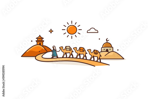 Silk Road trade route a simplified camel caravan moving along a curved path between two small hills with a sun above, symbolizing long distance trade networks