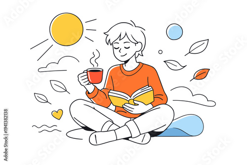 Slow Living Youth. Young person sitting calmly with a cup of tea and a book, enjoying a quiet moment. Soft rhythm of life with floating leaves, sun lines, and
