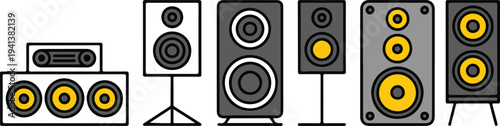 Minimalist speaker icon set with seven different models showing audio speakers, columns, and geometric driver designs in clean vector style