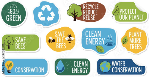 Environmental Conservation Stickers with Eco-Friendly Themes and Illustrations