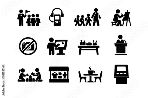 Museum Activities. Solid icon set of Museum Activities: guided tour group, audio guide device, school excursion, sketching visitor, photography allowed sign,