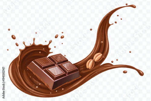 realistic 3d chocolate bar into liquid chocolate splash with bubbles in curve style isolated on transparent background
