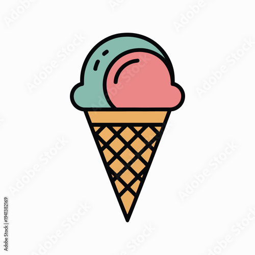 Double scoop ice cream cone vector illustration with pastel green and pink flavors icon