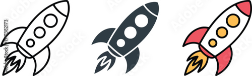 Minimalist rocket ship icon set with outline, gray, and colorful designs showing classic space rockets with windows and flame trails