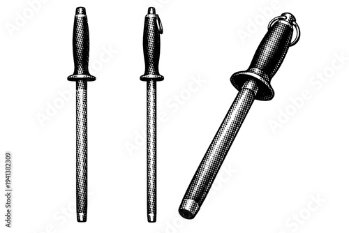 Butcher honing steel with textured rod and guard handle shown in vertical front view, side profile, and tilted three-quarter view within one arrangement,