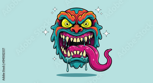 Scary Monster Face with Long Tongue and Sharp Teeth.