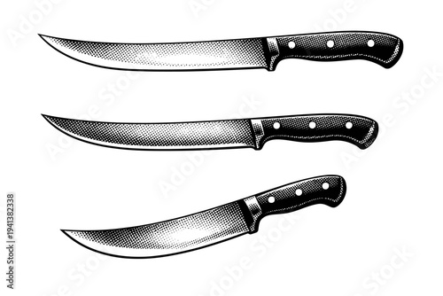 Butcher breaking knife with long curved blade and ergonomic handle displayed in side profile, top view, and angled three-quarter view within a single layout,