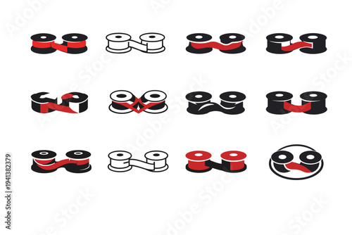 Typewriter scene. Icon set. Set Logo of Typewriter scene: typewriter ribbon spools. harmonious logo variations of the same emblematic concept, each with