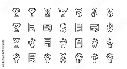 Collection of diverse achievement and award icons in a minimalist design style